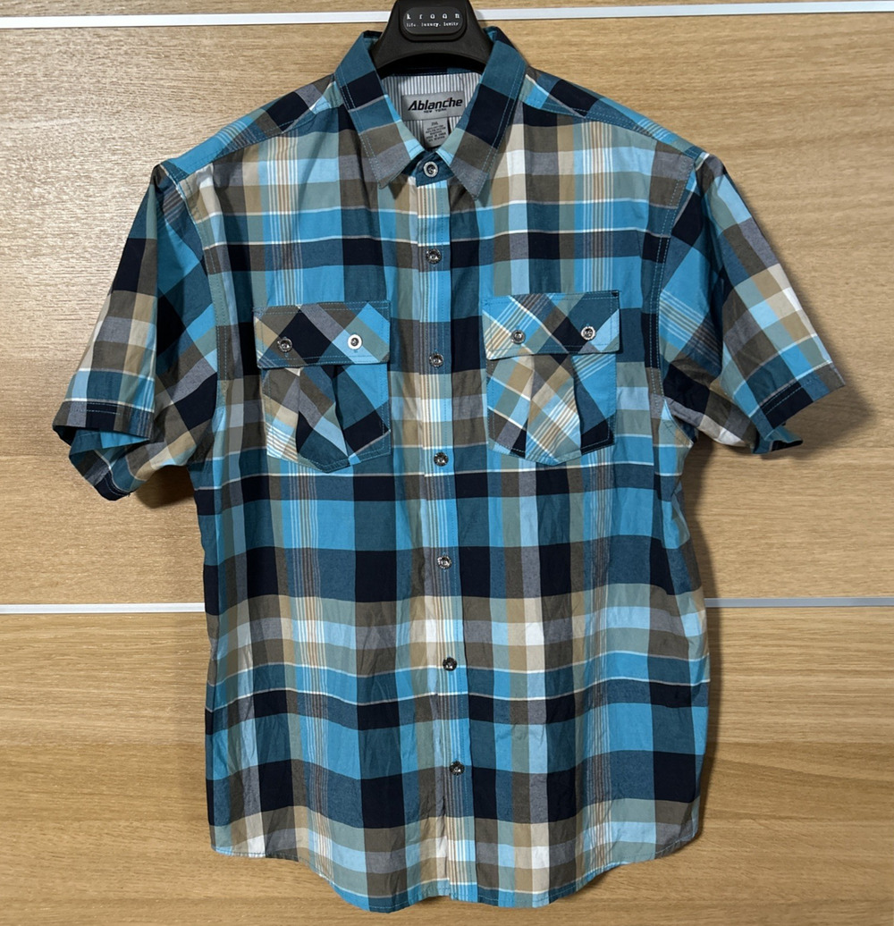 Ablanche NY Men's 2XL Multicolor Plaid Short Sleeve Button Down cotton blend